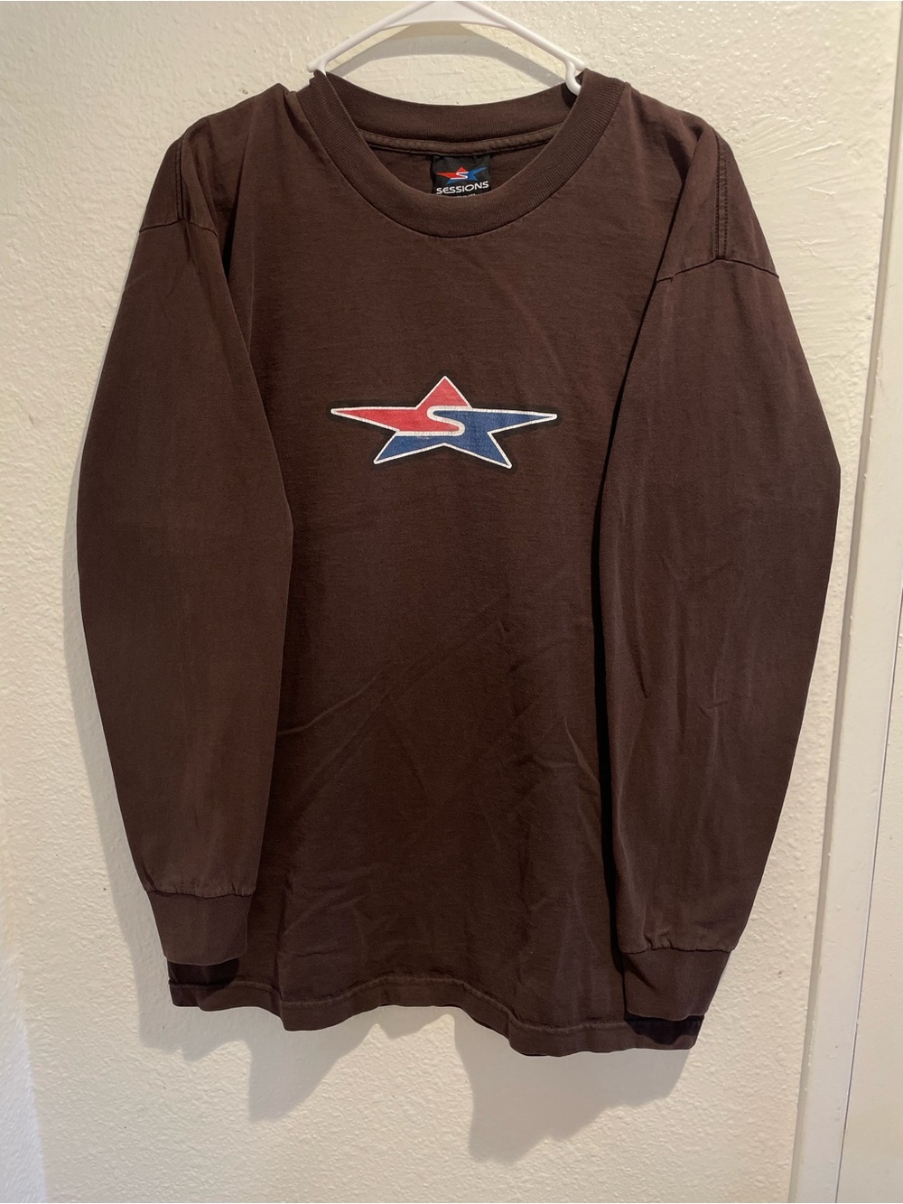 Sessions Snowboarding Star Logo Long Sleeve T Shirt Mens L Brown Vintage USA